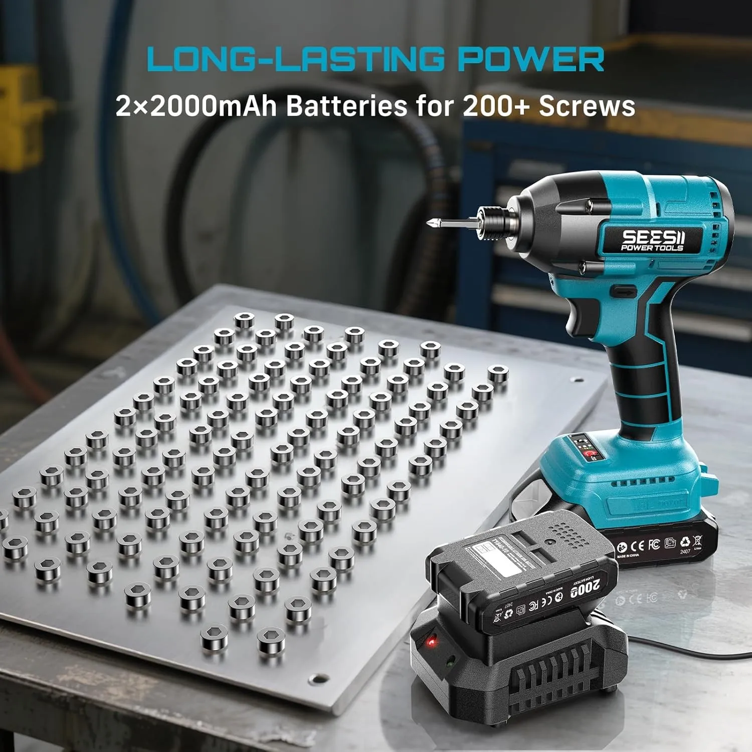 Seesii Electric Screwdriver 180N.m Wireless Brushless Impact Drill Electric Impact Driver Kit for Makita 21V Max With 2*2.0Ah Batteries