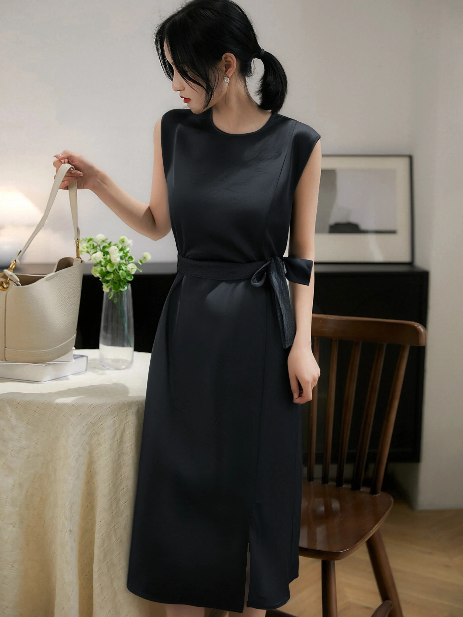 

Ele Belted Svel Dr Women's Summer New Simple Comfortable Long Dr A-Line Skirt Tee-acetate Fiber Fabric