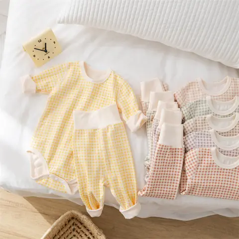 2024 가을 아기 잠옷 세트 0-2Y 유아 소년 격자 무늬 바디 슈트 + 바지 속옷 2Pcs 소녀 Homewear 정장 유아 수면 의류 Best5