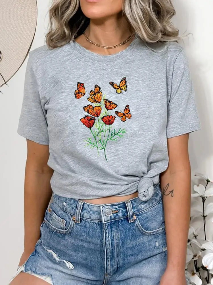 

Butterfly Lovely Plant Trend Clothing Fashion Summer T-shirts T Top Print Women Cartoon Shirt Female Short Sleeve Graphic Tee