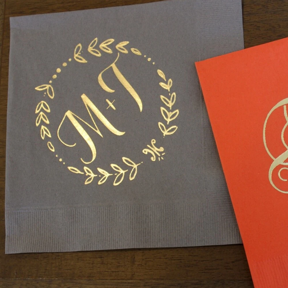 

Custom Wreath Monogram Napkins, Personalized Wedding Party Napkins, Monogrammed Beverage Napkins, Foil Printed Napkins, 50Pcs