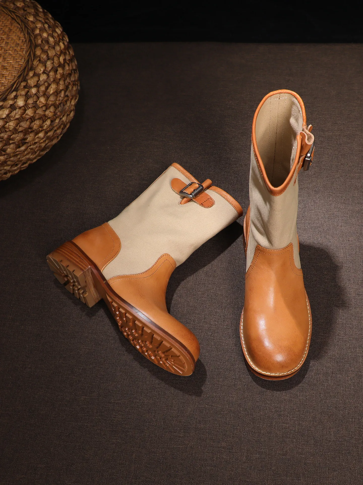 SHOEBOX Retro color blocked midsole boots for women, 2026 autumn and winter with plush thick heel belt buckle, Western cowboy
