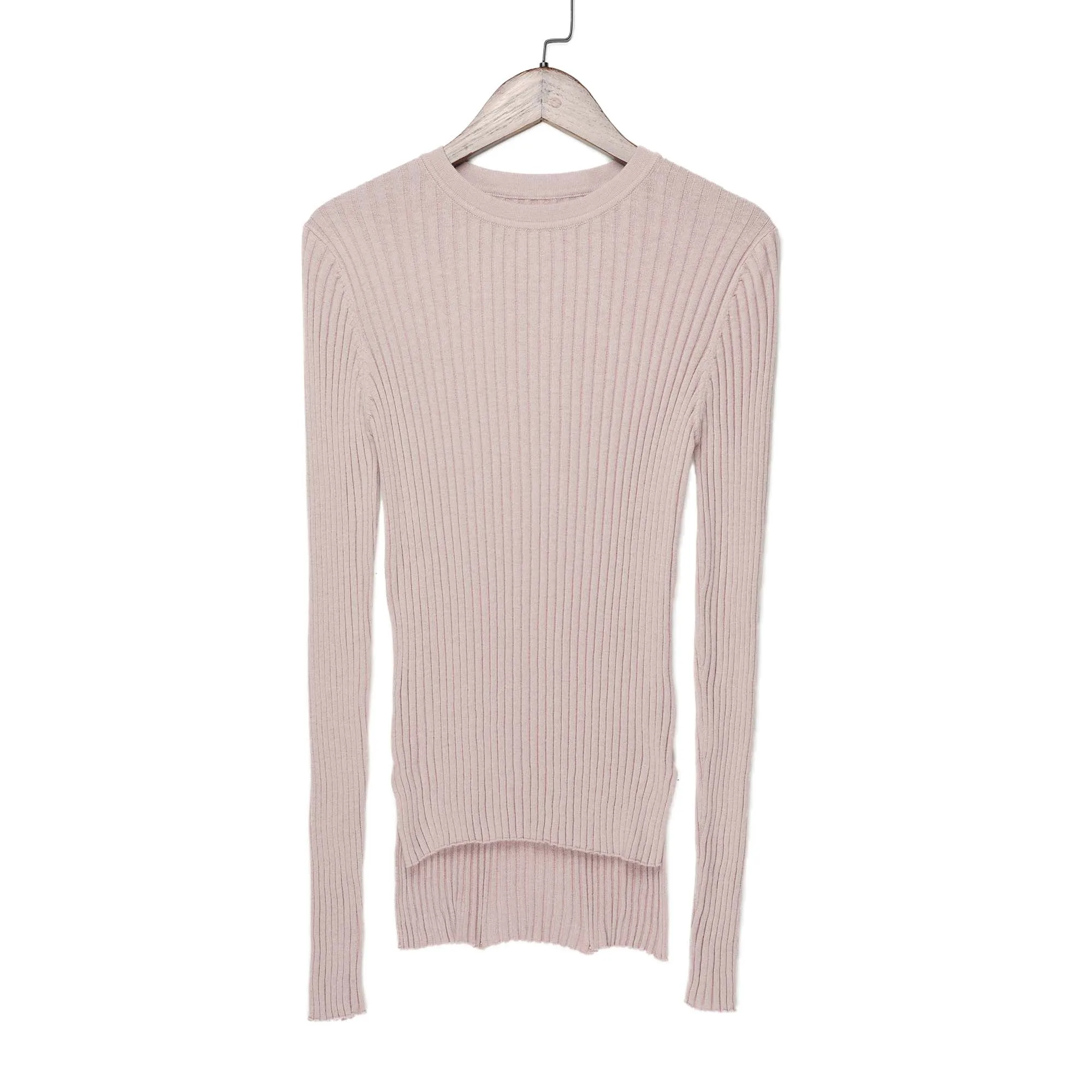 Slit Cotton Sweater Women Light Weight Crew Neck Ribbed Tops Pullover