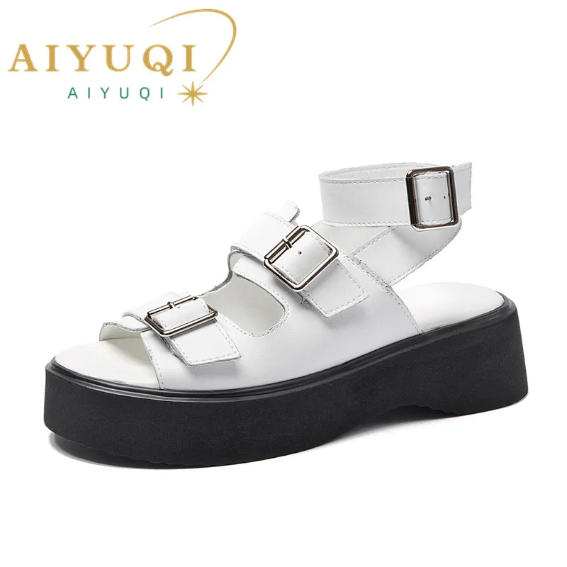 AIYUQI-Sandales à l'offre elles compensées en cuir véritable pour femme, chaussures de plage ouvertes, à la mode, nouvelle collection été 2024