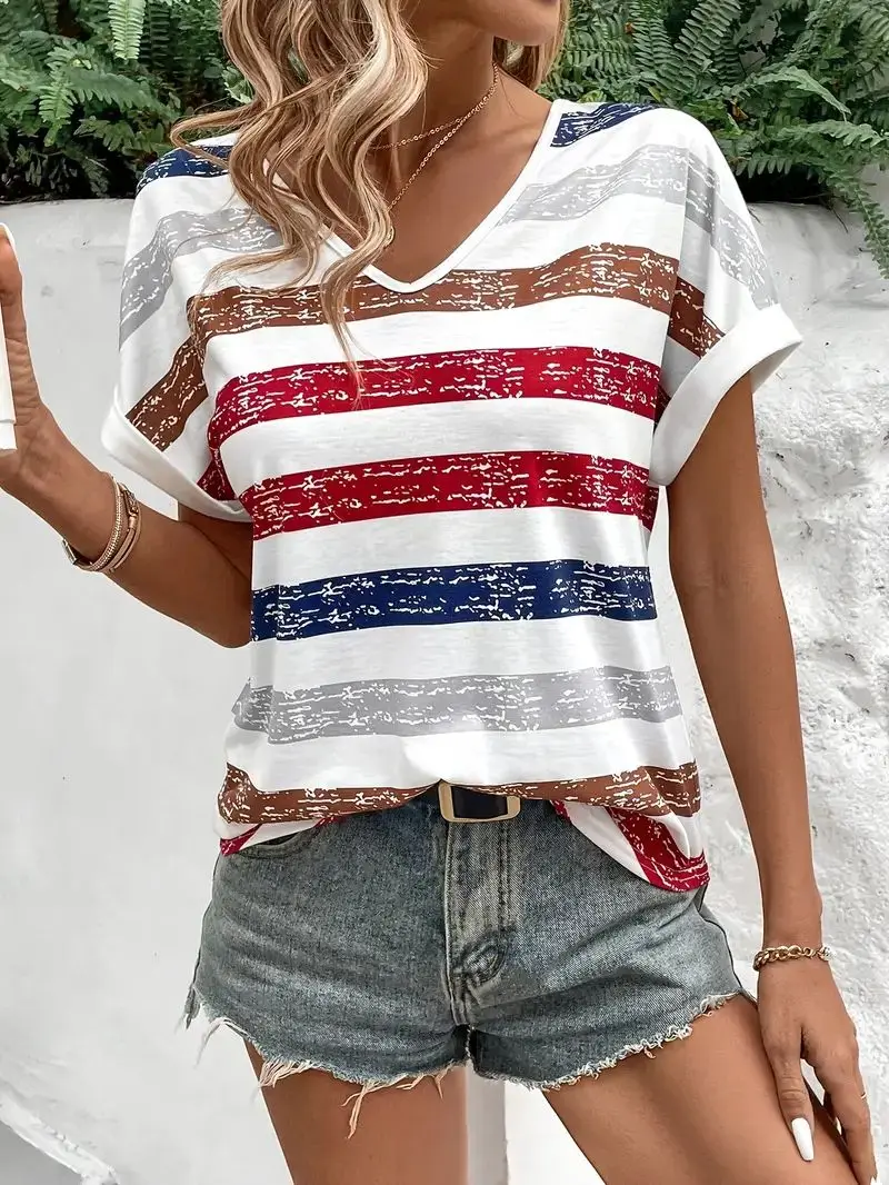 Summer Women's T Shirt Casual Short Sleeve Tee Retro Stripes Print V-Neck T-Shirts Fashion Street Female Oversized Clothing