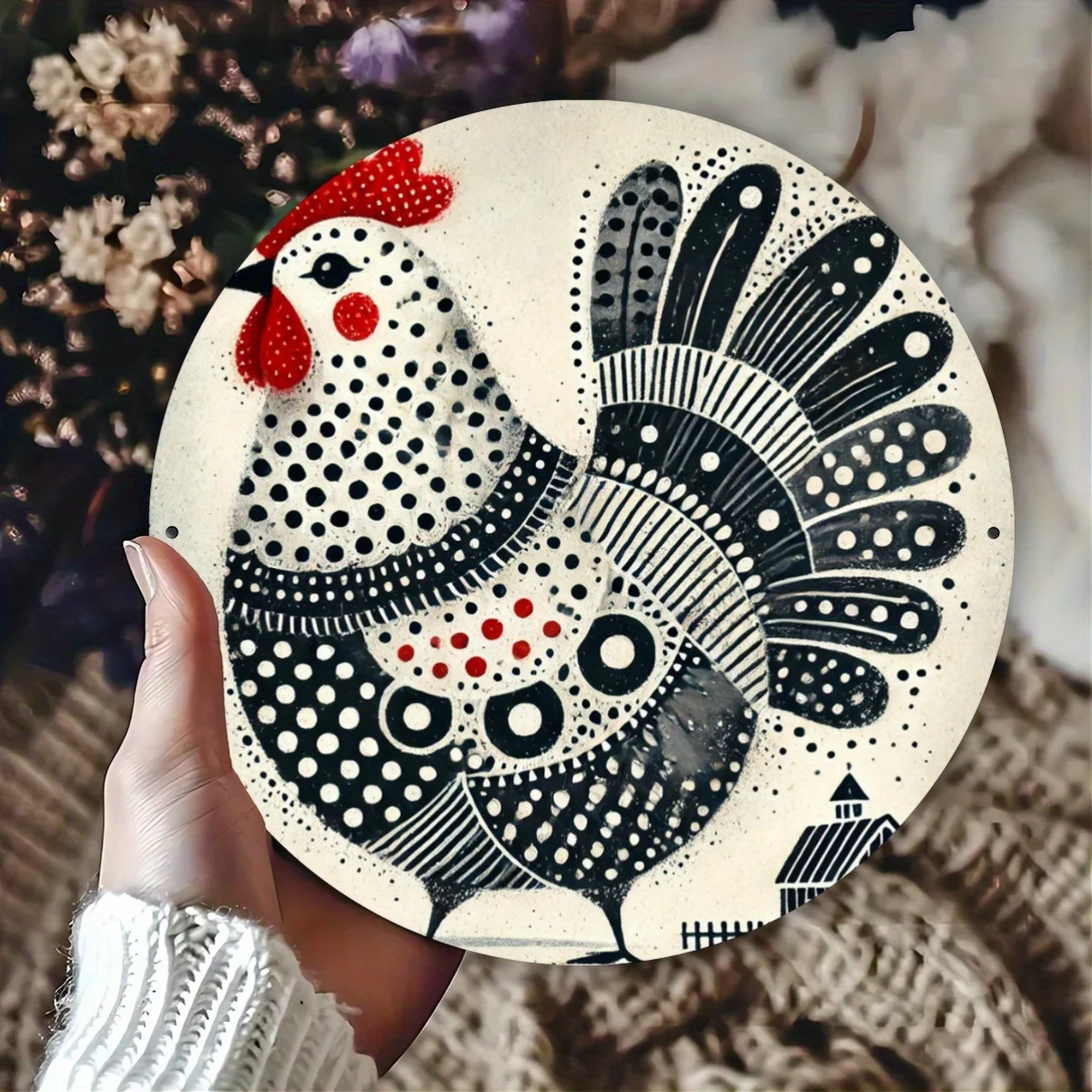 1pc One Piece Stylish Rooster Pattern Iron Foil Engraving Art, Non-Electric Round Metal Sign Wall Decor for Bar, Club, Kitchen