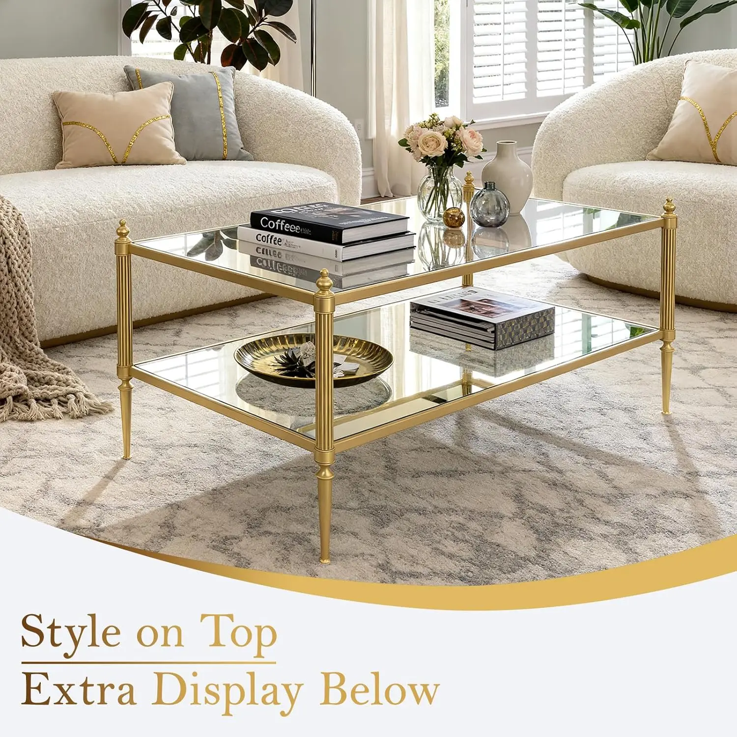 Gold Glass Coffee Table, 2 Tier Rectangular Coffee Table with Tempered Mirror Top and Glass Shelf, Fluted Metal Frame