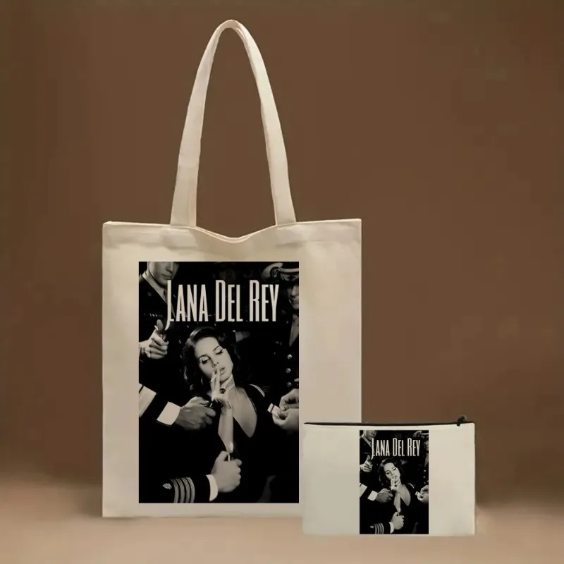 2pcs Lana Del Rey Fashion Women\'s Handbag Ldr Y2K Canvas Shoulder Bag Cosmetic Organizer Eco Large Capacity Shopping Bag Wallet