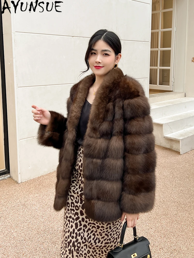 AYUNSUE 2025 vestes de fourrure de vison naturel femme col en v veste d'hiver de fourrure de vison de luxe pour femme vêtements de haute qualité tyleфта Ramonхом