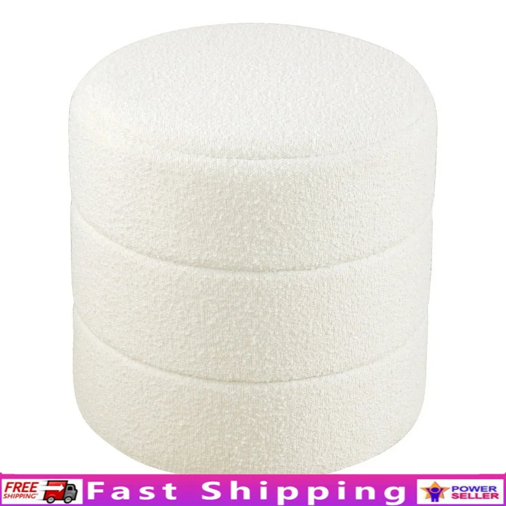 

Round Ottoman with Storage Cream Boucle Channeling Detail Indoor Accent Piece Supports 250 Lbs No Assembly Required 18 Inches
