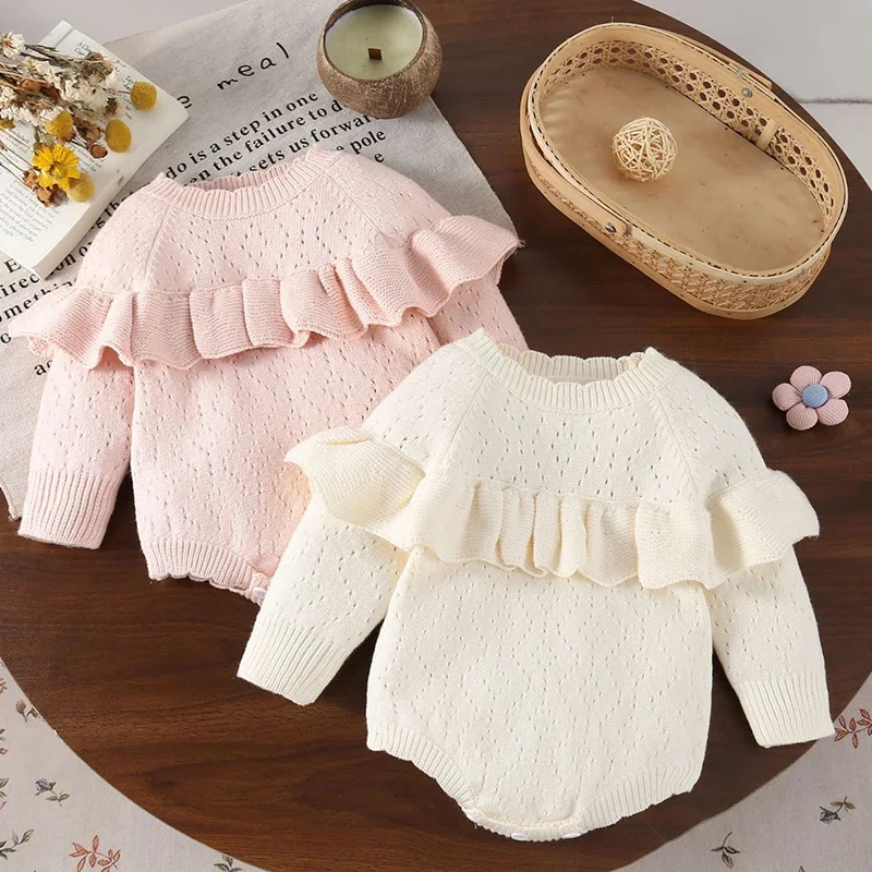 2025 New Autumn Korean Style Climbing Suit Long Sleeved Solid Color Splicing Newborn Baby Girl Bodysuit Children Knitted Clothes