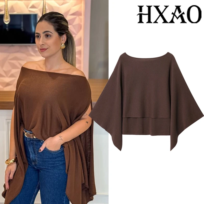 

HXAO Sweater Tops Off Shoulder Pullover Crop Knit Cape Top Woman Autumn Loose Fit Knitted Jumper Cape Sleeve Brown Knitting