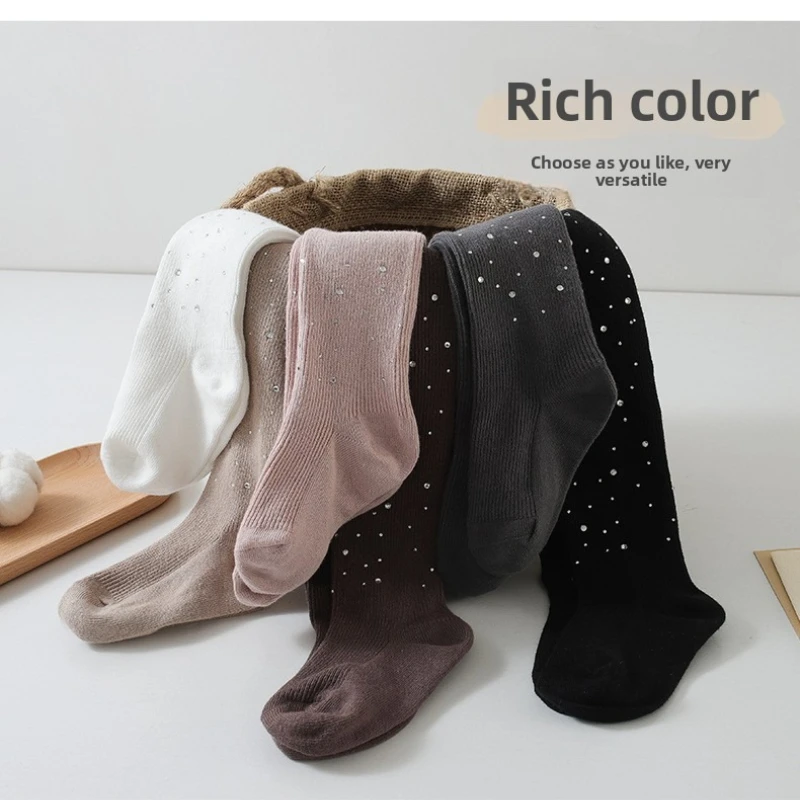 Medias de algodón suave con cielo estrellado brillante y rayas verticales finas Leggings para niñas de alta elasticidad, modernos y versátiles