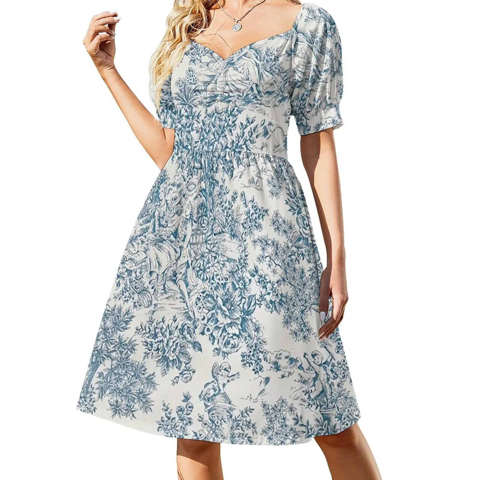 

Powder Blue Romantic Flowers French Toile Design Short Sleeved Dress sexy short dresses daring Women's summer suit Dress