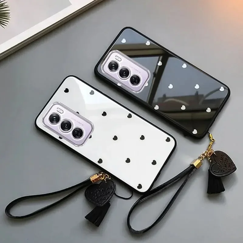 For Samsung S26 Ultra Plus Case Small Love Heart Hard Glass Back Cover for Galaxy S26edge Schockproof Tassel Wrist Phone Case