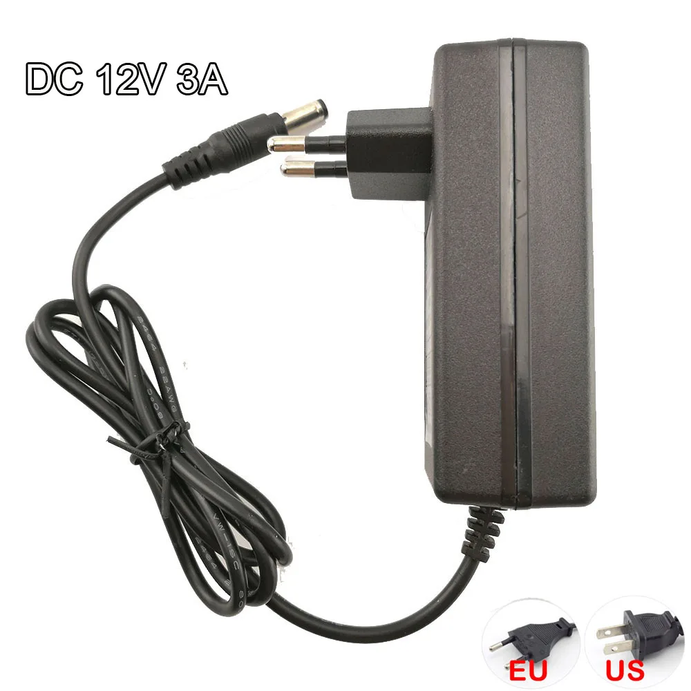 AC 100V-240V DC Charger Adapter Camera Power Supply 12V 3A Converter 5.5mm*2.5MM US EU Plug Transformer for CCTV LED Strip Lamp