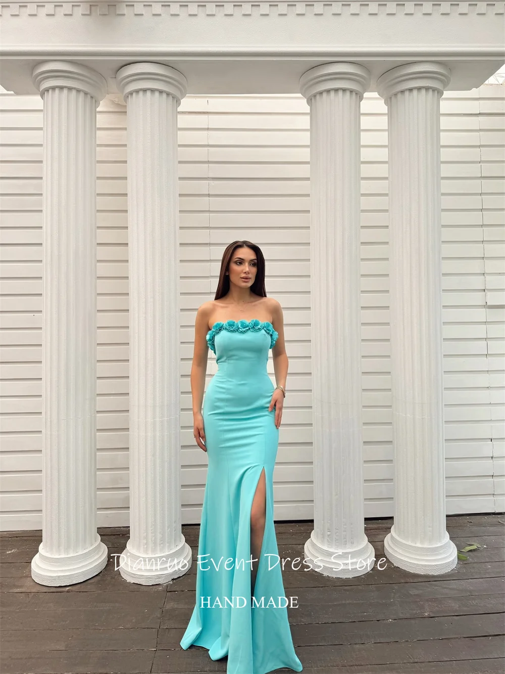 فستان سهرة Dianruo تركواز بدون حمالات على شكل زهور ثلاثية الأبعاد فيستدو دي غالا فام حورية البحر Abiti Da Cerimonia مخصص