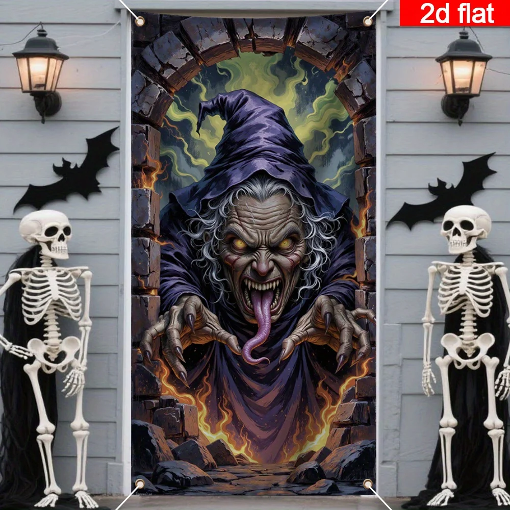 طائرة ثنائية الأبعاد، لافتة باب ثنائية الأبعاد، لافتة باب كبيرة للهالوين - ساحرة الشبح، ديكور منزلي مسكون على الطراز القوطي