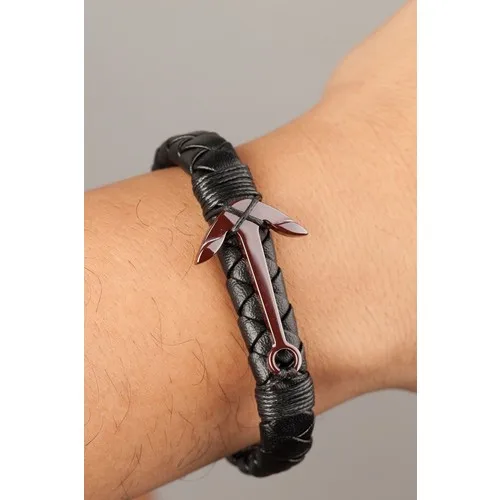 Estiva 316L Anchor Modeled Surgical Leather Burgundy Bracelet