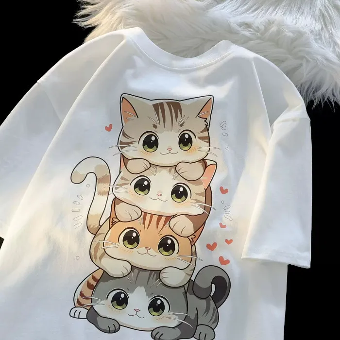 Camiseta con estampado de gato de dibujos animados para mujer, camiseta de manga corta con cuello redondo, camiseta informal holgada versátil de