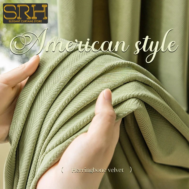 

New Thickened Herringbone Green Chenille Curtains Modern Simple Blackout Bedroom Living Room Balcony Solid Color Curtain Fabric