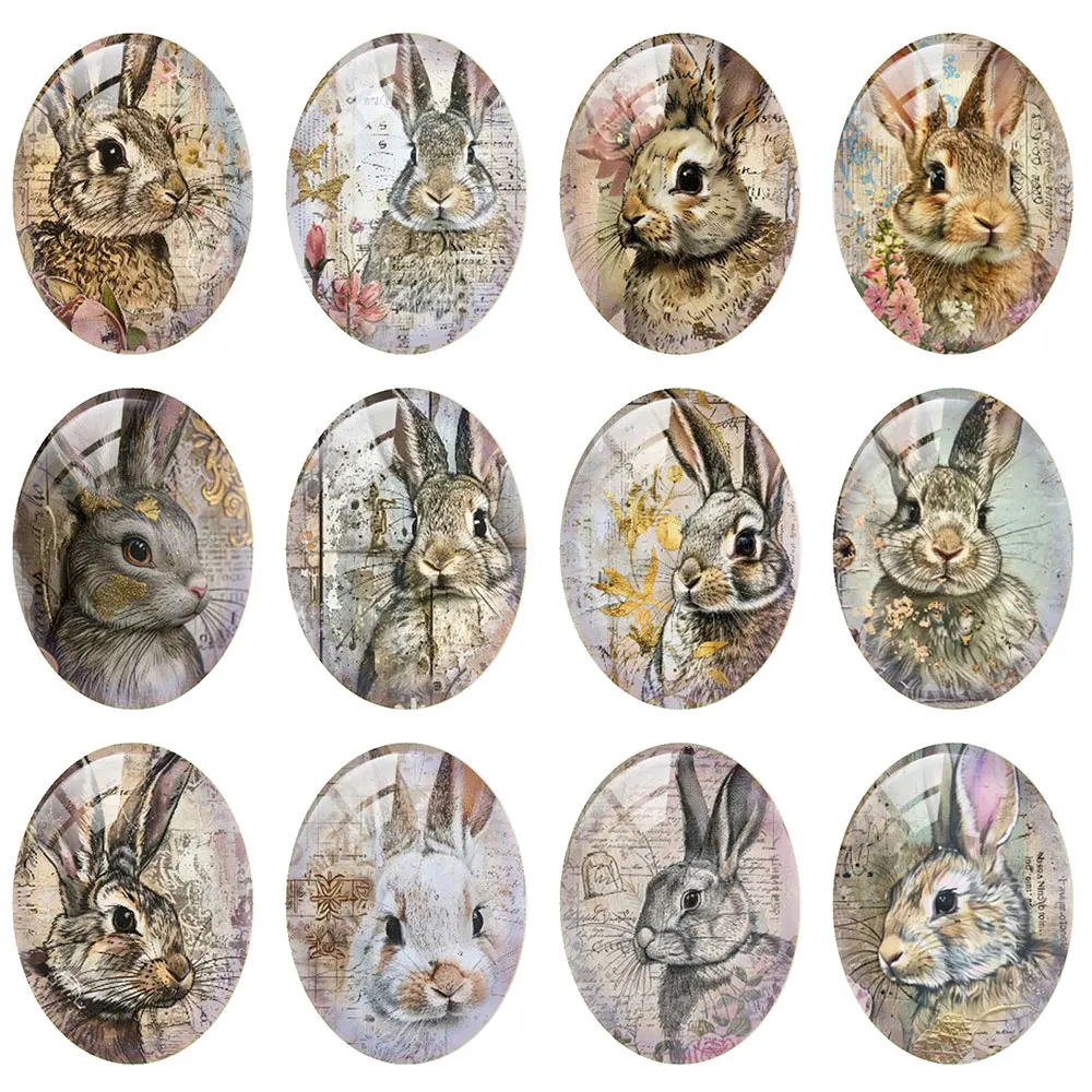 

10pcs/lot Easter Rabbit Bunny Retro Oval Photo Glass Cabochon Flatback Demo Flat Back Cameo For Diy Jewelry Making Supplies