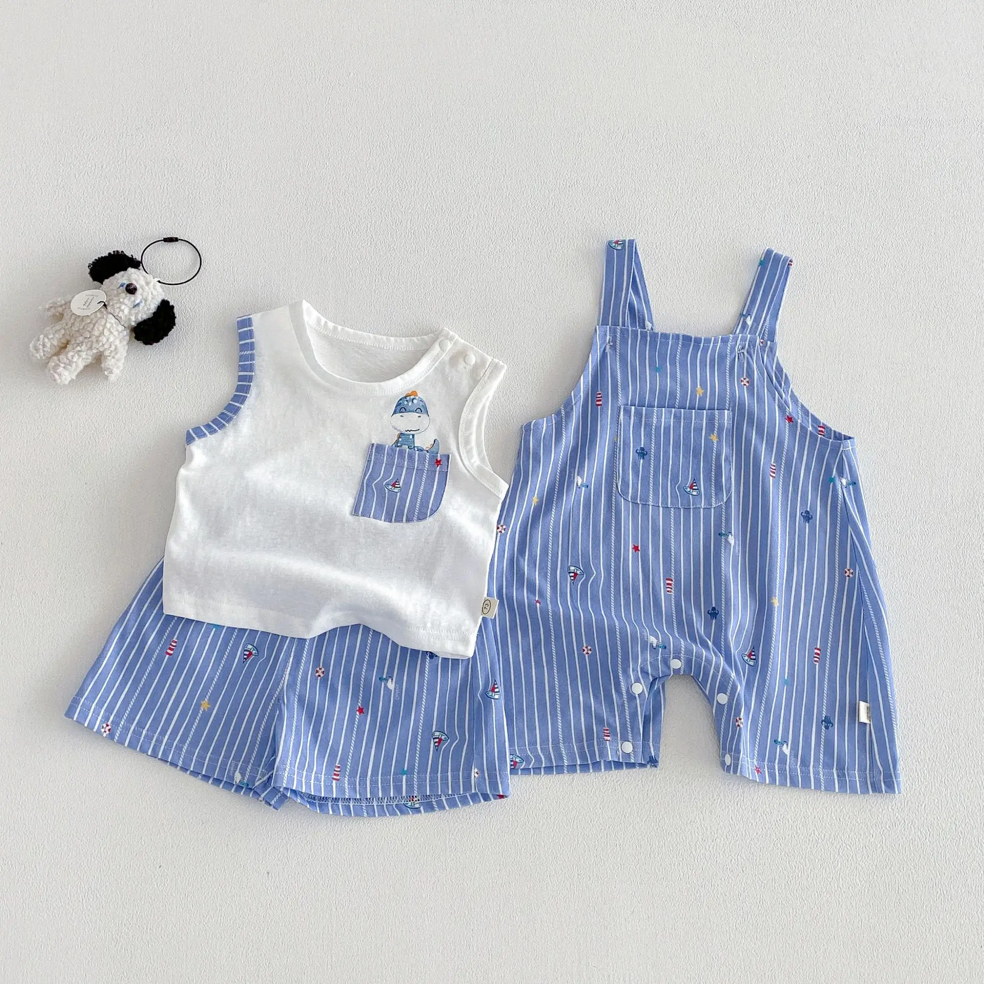 2026 New Summer Baby Clothes Blue Striped Overall Romper and Cartoon Print Vest with Matching Shorts