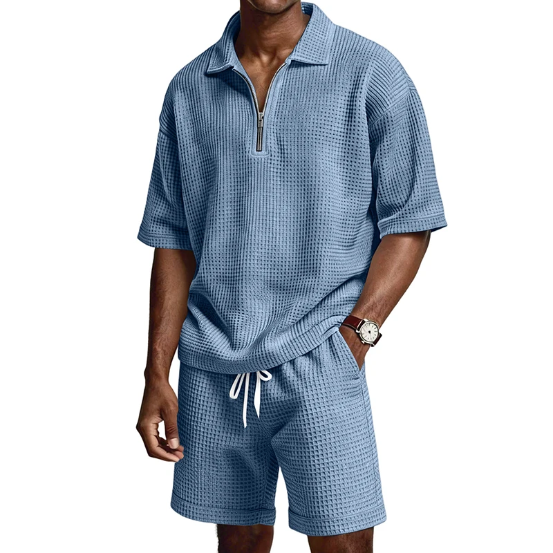 Stylish Waffle Plaid Polo Shirt Two Piece Sets Mens Summer Casual Short Sleeve Tops And Bottoms Men Outfits Vintage Loose Suits