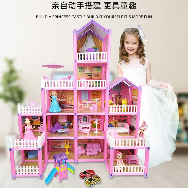 Princess Big Villa DIY Dollhouses Kit Pink Castle House Assembled Doll Pretend Play Christmas festival birthday Kid gift Toy