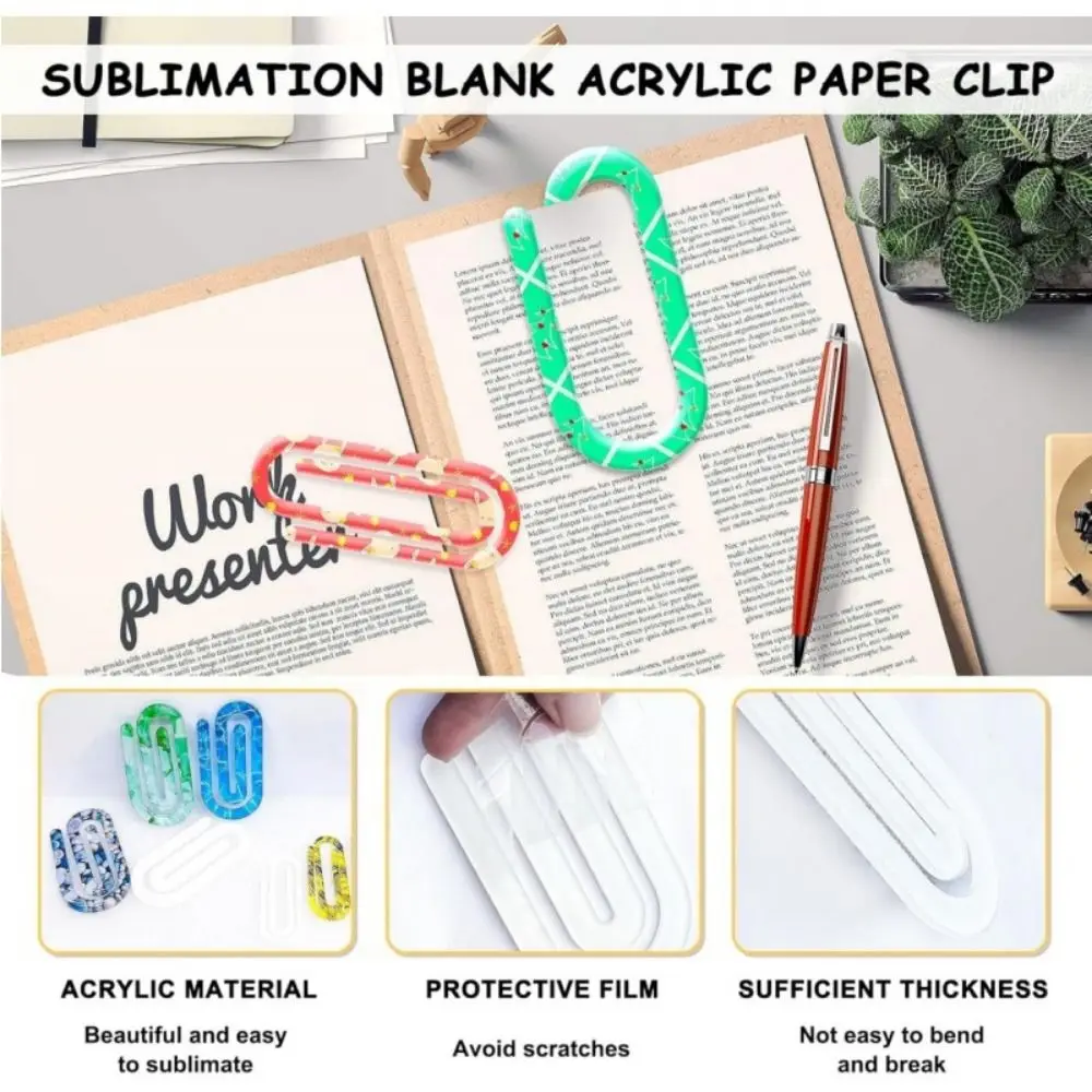 10Pcs Acrylic DIY Bookmarks Sublimation Blanks Ornaments Acrylic Paper Clips Clear Transparent Unfinished Bookmarkers Notebook