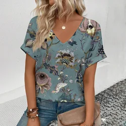 Women's High Quality V-neck T-shirt Retro Flower Pattern T-shirt Fashion Print T-shirt Elegant Women's Short Sleeved T-shirt