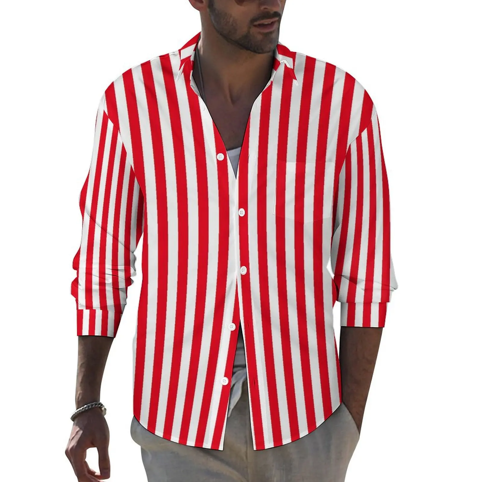 

Candy Striped Street Casual Shirt Men Red And White Shirt Spring Vintage Blouses Long Sleeve Printed Oversized Top