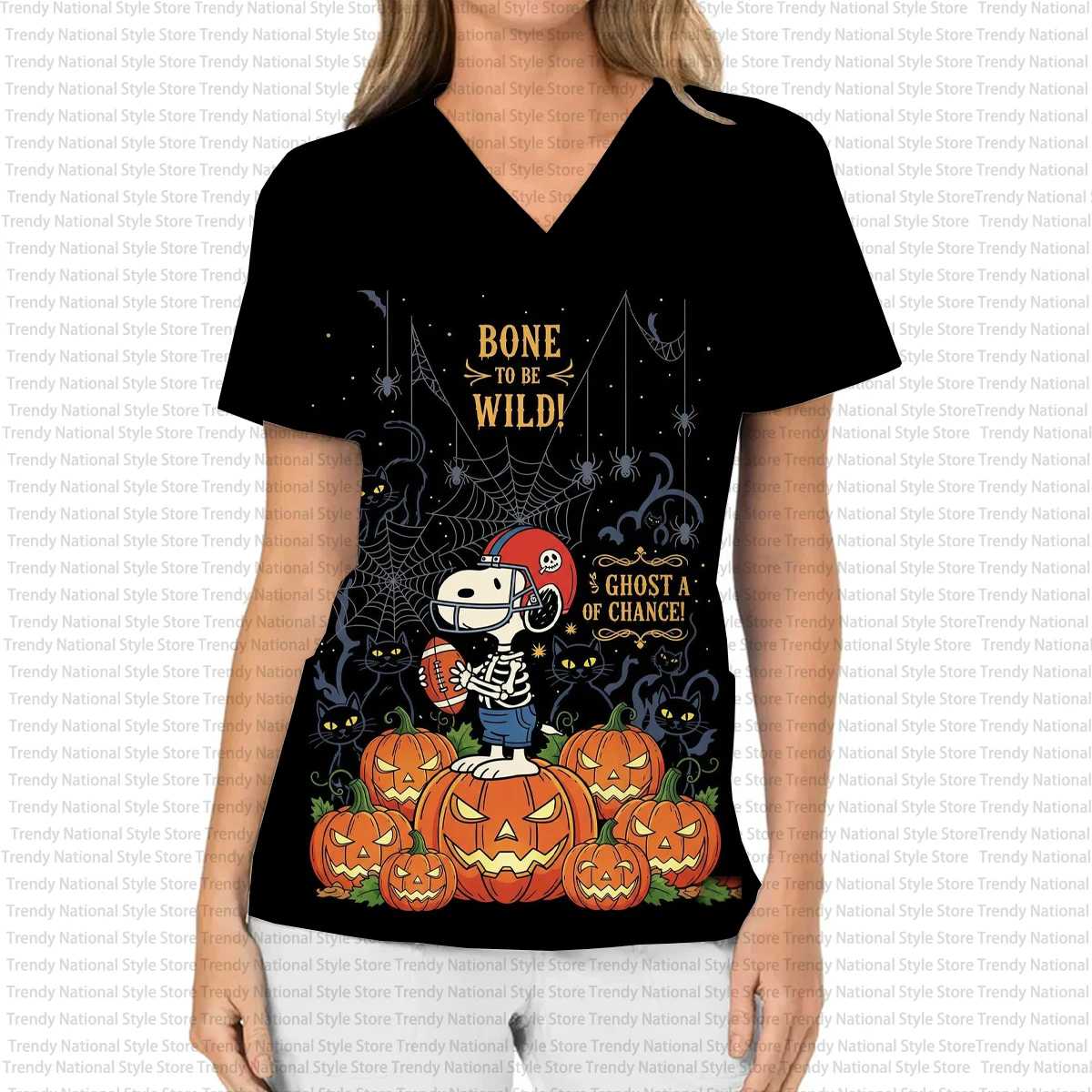 المرأة العمل موحدة الكرتون هالوين سنوبي فرك الأعلى مع جيب الخامس الرقبة تي شيرتات قصيرة الاكمام طباعة الأسنان الحيوانات الأليفة متجر أعلى