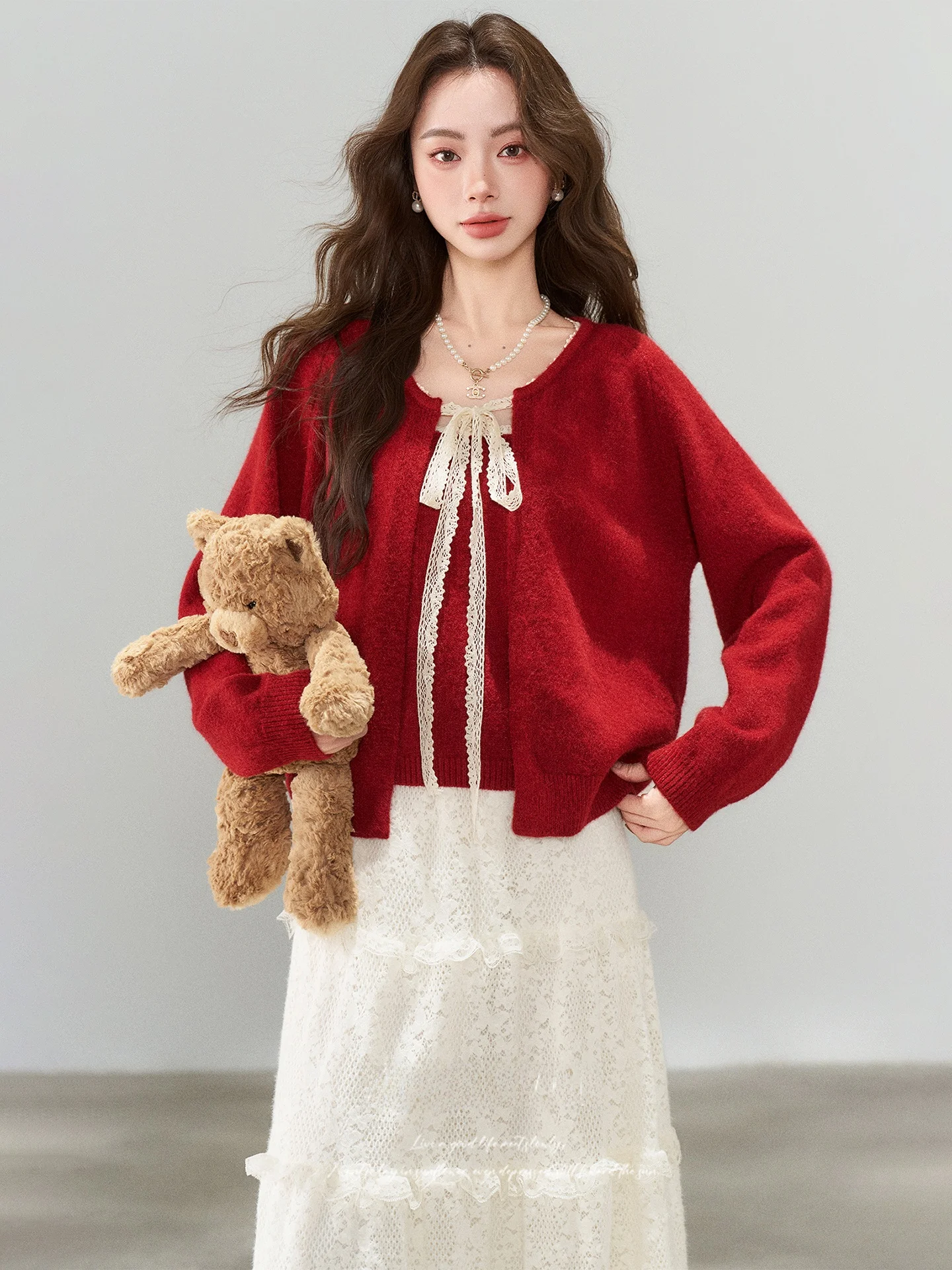 

Новогодний модный женский вязаный комплект: свитер с бантом на талии и юбка с высокой талией, осенне-зимний, теплый, элегантный