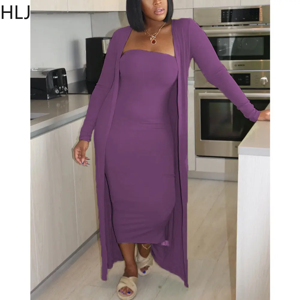 HLJ Casual Off Shoulder Bodycon Dress And Long Sleeve Cardigan Coats Women Solid Color Matching 2pcs Outfits Female Tracksuits