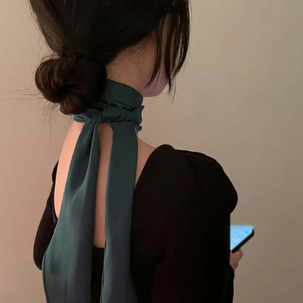 Solid Color Women Narrow Long Scarf Long Neckerchief Skinny Ribbon Headband Choker Chiffon Silk Satin Hair Scrunchies Hair Scarf