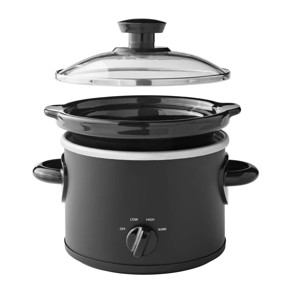 2 Qt Slow Cooker 100 Watts Removable Stoneware Pot Programmable Two Temperature Settings Glass Lid Meats Stews Soups Chili