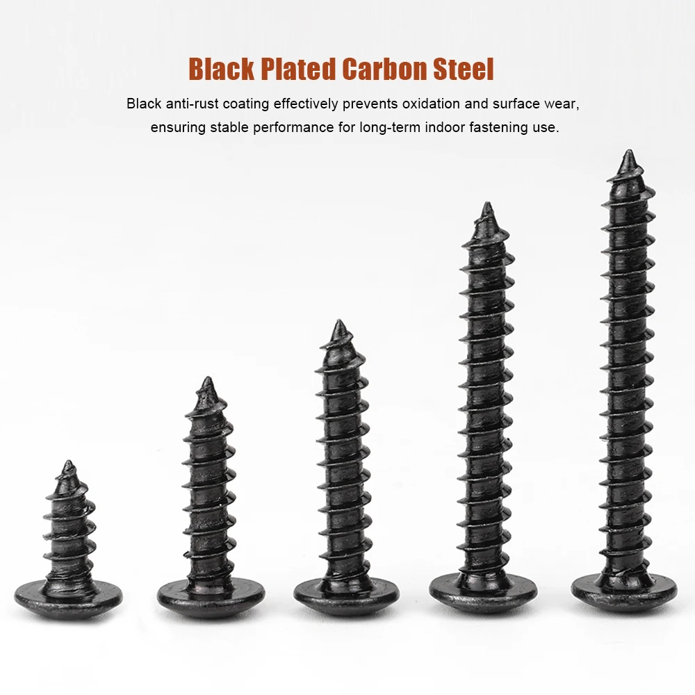 M2.3 M2.6 M3 M3.5 M4 M5 M6 Cross Phillips Mushroom Head Self-tapping Screw Carbon Steel Black Plated Truss Head Wood Screw