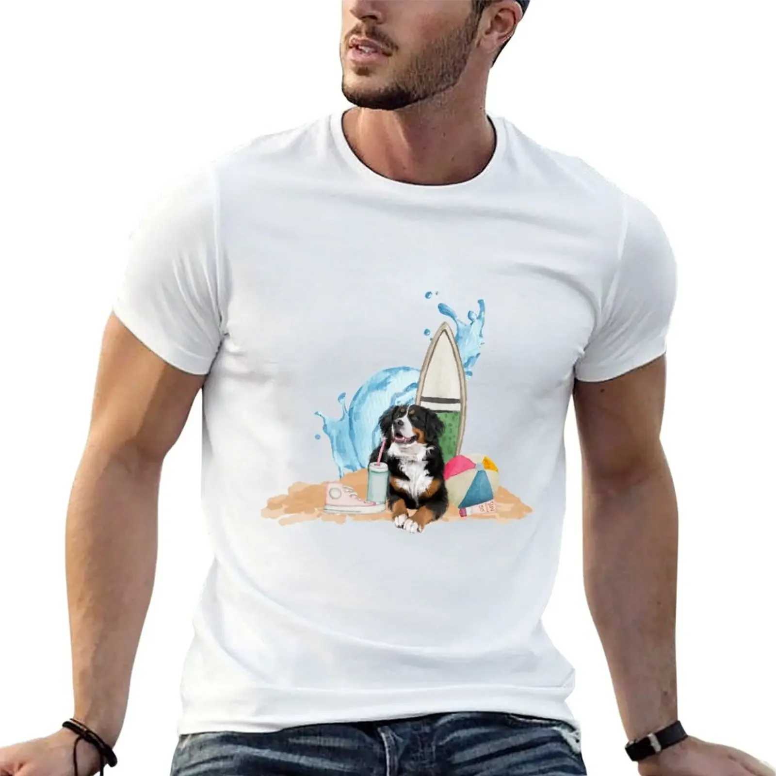 

Bernese Mountain Dog: Bernese Mt. Dog with surfboard and waves T-Shirt customizeds anime figures clothes for men