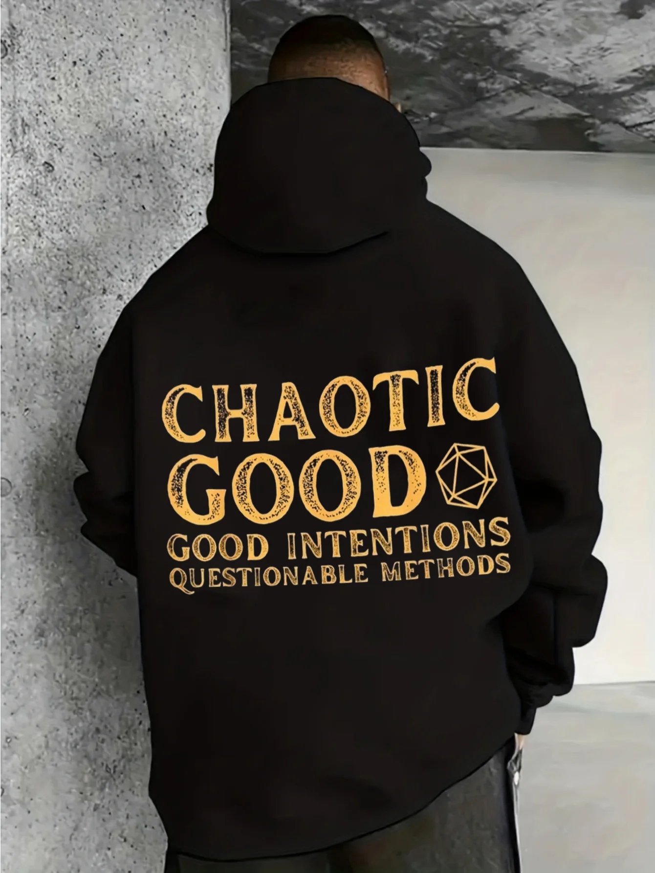 Men Chaotic Good DND Dice Back Print Hoodie, Good Intentions Questionable Methods Tabletop Game Graphic Drawstring Kangaroo Pocket Pullover Sweatshirt Nerd Street Hooded Tops