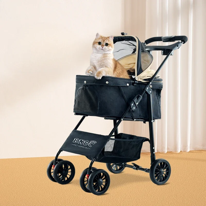 Wheels Dog Stroller Rotate Black Pet Puppy Stroller with Front Pedal Storage Basket Cup Holder for Dogs Cat Travel Dog Carrier