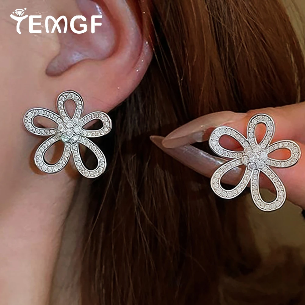 

Серьги TEMGF с полным цирконом, стерлинговое серебро 925 пробы, полые серьги-гвоздики с цветком, женские элегантные сверкающие ювелирные изделия, подарок на день рождения, 1 пара