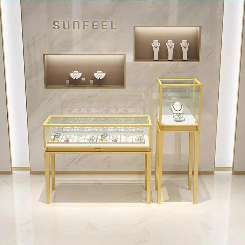 custom.Customizable Design Modern Rectangular MDF LED Gold Glass Counter Showcase Retail Store Mall Featuring Modern Silver Jewe