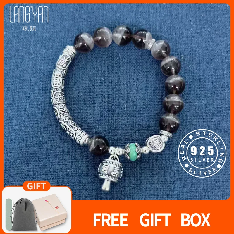 

Langyan Natural Black Aurora Crystal Beads Bracelet for Women 925 Sterling Silver Bend Pipe Hand String Lucky Jewelry Gift SL193