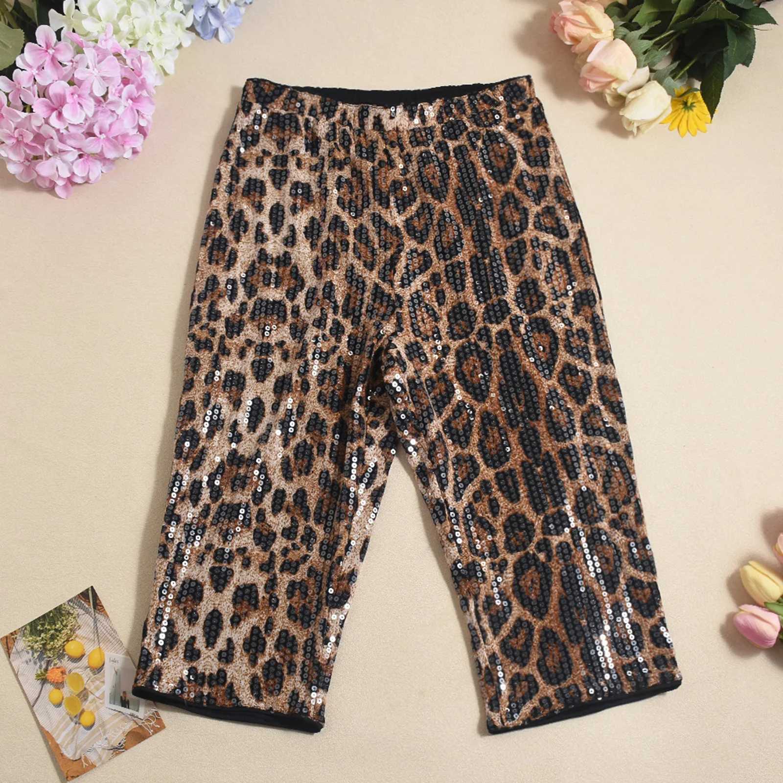 

Women Stretchy Sequin Leopard Capri Pants Straight Leg Elastic Waistband Half Pants Shorts for Club Disco Party Music Festivals