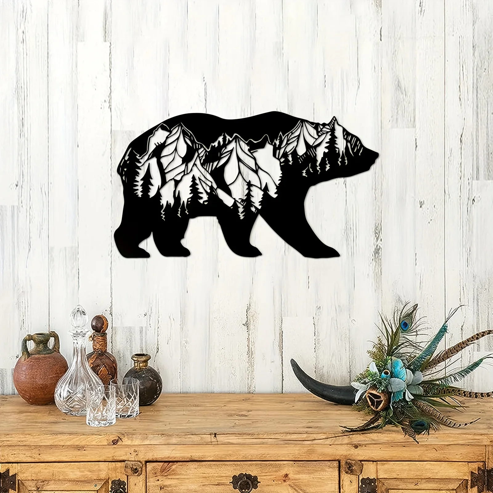 Bear And Forest Metal Iron Art Silhouette, Modern Art Wall Sticker, Suitable for Bedroom, Office, Farmhouse Fence Decorations