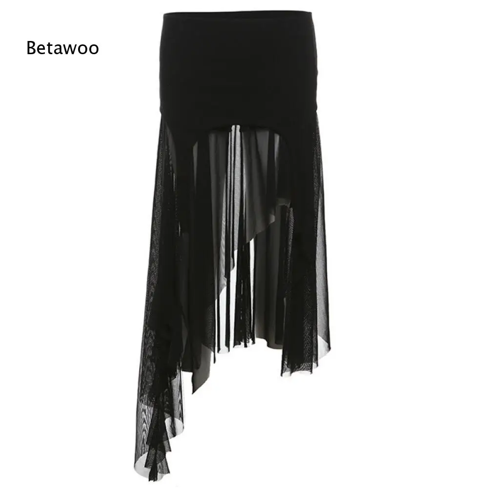 

Gothic High Waist Irregular Mesh Skirt Asymmetrical Layered Ruffle Tulle Patchwork Wrap Midi Half Skirt