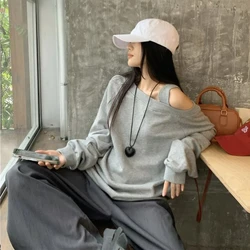 Solid Color Sloping Shoulder Off Shoulder Hoodie for Women New Korean Style Lazy and Relaxed Loose Fitting Pullover Long Sleeved