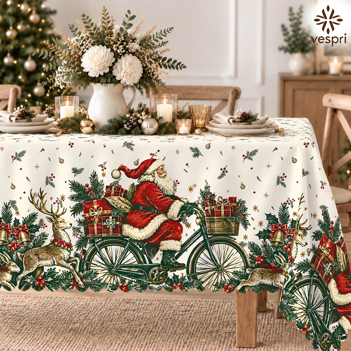 Christmas Tablecloth with Santa & Snowy Bridges for Indoor/Outdoor Camping decor, Rectangular/Round/Oval