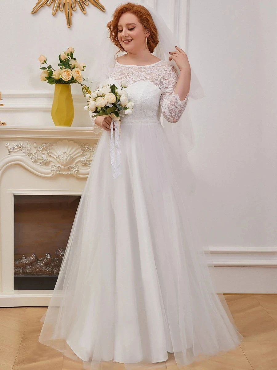 LinLing Wedding Dress Wholesale A-Line Plus Size O-Neck Tulle 2021 Bridesmaid Dress With Lace  plus size wedding dress customize